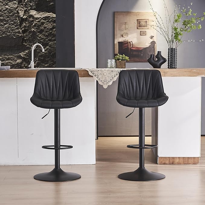 YOUNIKE Bar Stools Set of 2 for Kitchen Island, Black Swivel Tall Bar Stools, Adjustable Barstools with Back, Faux Leather Padded Stools, Modern Counter Height Bar Chairs with 300LBS Support
