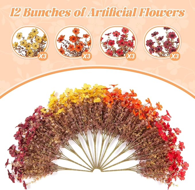 Fall Mums Artificial Flowers for Outdoors Potted, 12 Bundles Fake Fall Daisy Flower with Realistic Eucalyptus Leaves, Fake Plants for Greenery Boxwood Porch Patio Garden Pot Courtyard Lawn