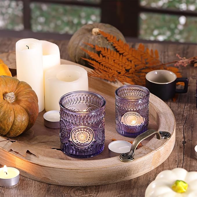 Volens 20pcs Assorted Purple Votive Candle Holders with 20pcs Tealight Candles, Large Glass Votive & Tea Light Candle Holder for Wedding Table Centerpieces, Christmas Party Decorations, Home Decor