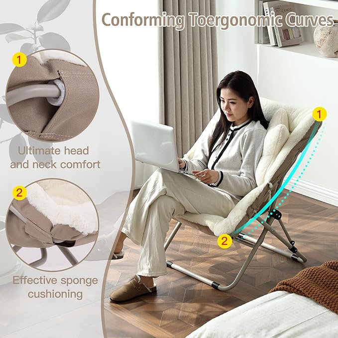 Welnow Comfy Saucer Chair, Oversized Folding Reading Chair for Adults with Throw Pillow Soft Faux Fur Lounge Chair for Bedroom Furry Accent Chair for Living Room, Dorm Rooms, Beige