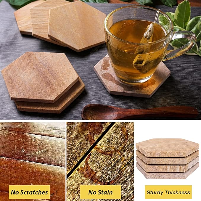 Sandstone Water Absorbent Hand Crafted Hexagon Coasters for Drinks - 4 Inches Wide Thirsty Stone Bar/Drink Coasters- Made from Rainbow Sandstone (Set of 4 Without Holder)