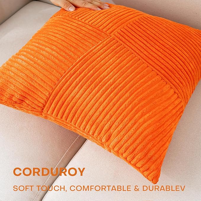 Decorative Throw Pillow Covers 18x18 Inch Set of 2 for Boho Living Room Farmhouse Home Decor, Spring Pillow Covers for Couch Bed, Soft Corduroy Striped Patchwork Cushion Cases, Orange