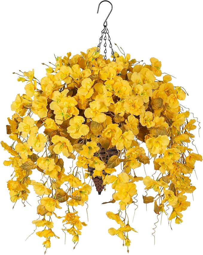 Artificial Fake Fall Hanging Flowers Plants Baskets for Outdoor Decoration, 5Pcs Faux Silk Hibiscus Long Vines in Planter UV Resistant Realistic Flower for Outside Home Porch Patio Garden, Fall Yellow