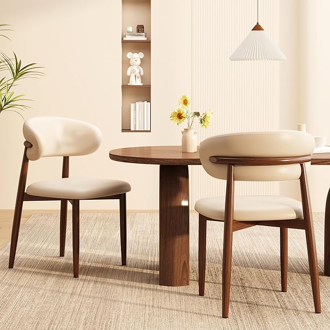 Kitchen Dining Chairs Set of 6 Modern Upholstered Leather Farmhouse Dining Room Chair with Metal Legs, Walnut/Khaki