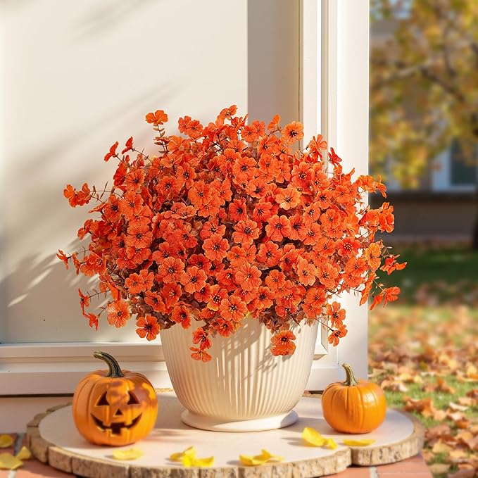 Artificial Mums Fall Fake Flowers for Outdoors, 12 Bundles Faux Mums for Outdoor Planters Decorations,UV Resistant Silk Flowers Plastic Plants for Front Porch Garden Patio Home Decor (B-Orange)