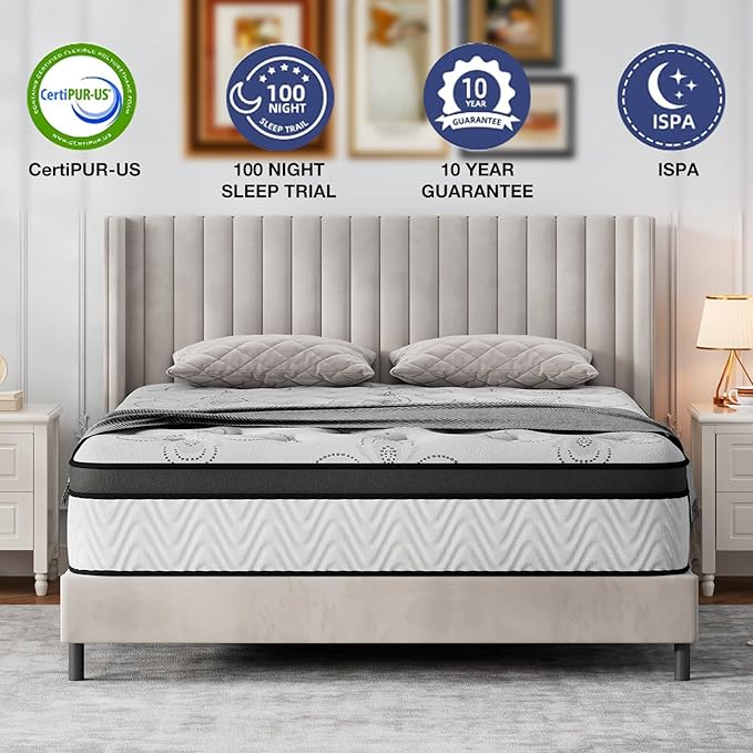 10Inch Full Hybrid Mattress with Gel Memory Foam & Pocket Coils, CertiPUR-US Certified, Medium Firm Support for Pressure Relief & Cool Sleep, Delivered in a Box
