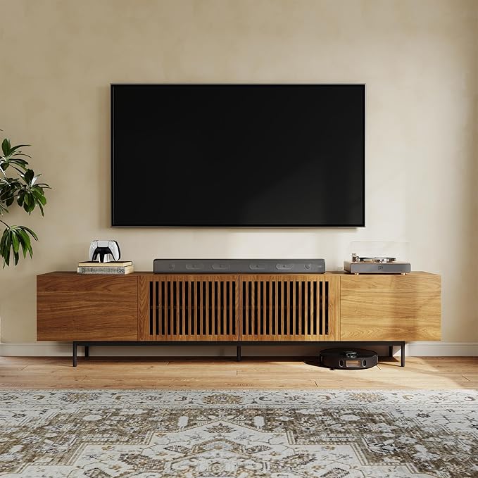 POVISON Full Assembled Mid-Century Modern TV Stand with Slatted Doors, Wood Media Console for 80 85+ Inch TV, TV Console with Tall-cast Metal Legs, Entertainment Center with Storage for Living Room