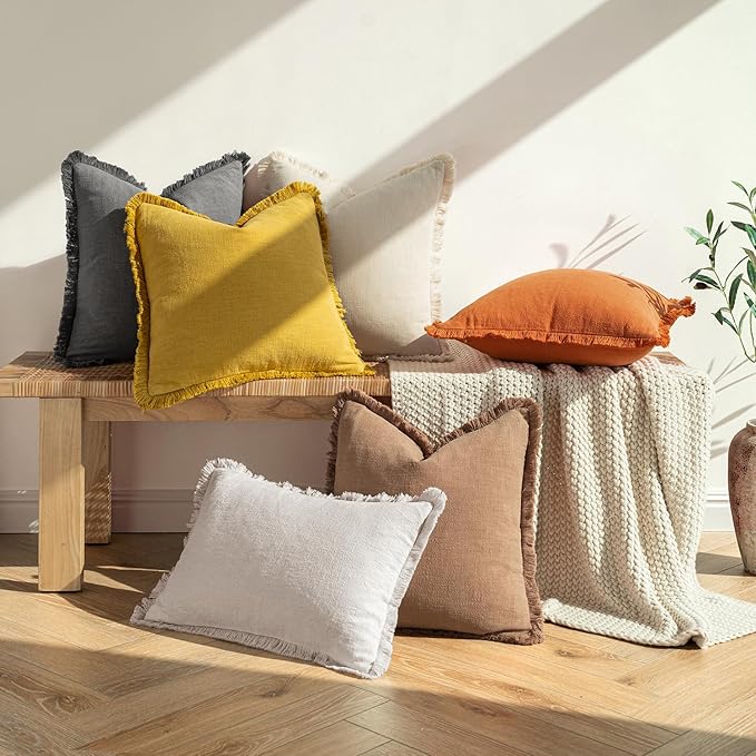 MIULEE Decorative Throw Pillow Covers Neutral Linen Fringe Throw Pillows Set of 2 Burnt Orange Boho Farmhouse Cushion Covers with Tassels for Couch Sofa Bed Living Room Home Decor 22x22 Inch