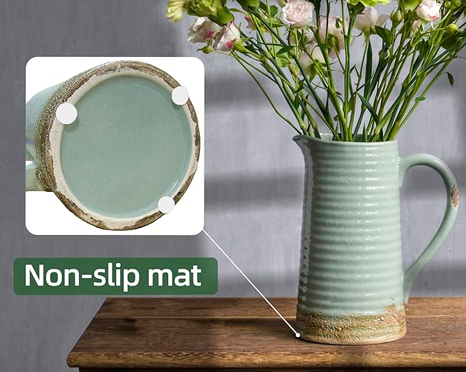 Quoowiit Ceramic Rustic Vase with Handle, Green Distressed Decorative Farmhouse Pitcher Vase for Home Decor Living Room Bedroom Kitchen Office Shelf Decor Centerpiece Table Decoration