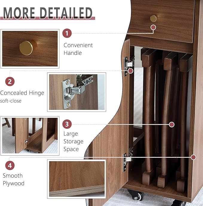 Extendable Drop Leaf Foldable Dining Table with 2 Drawers and 4 Wheels for Living Room Kitchen Farmhouse Space Saving Table in Walnut