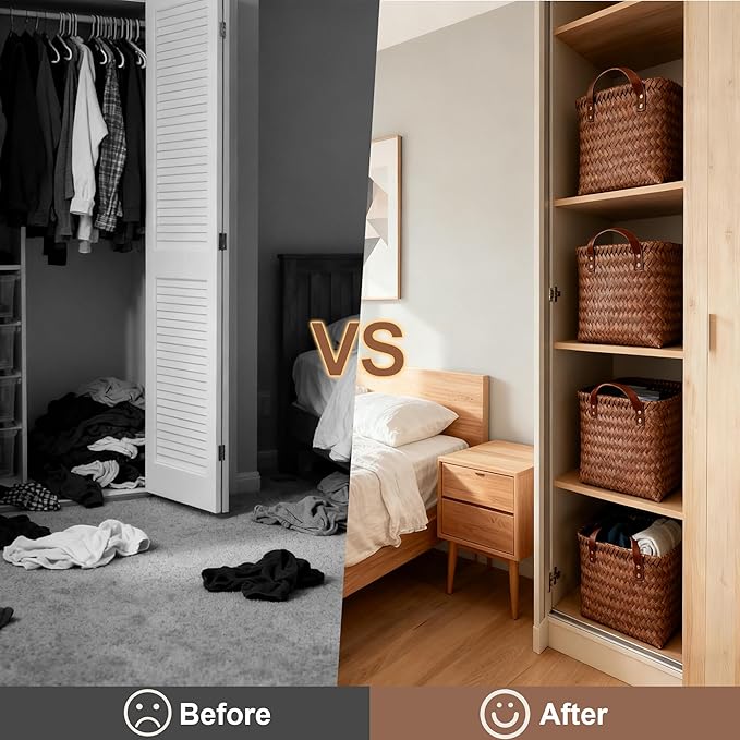 15L Laundry Baskets Waterproof Storage Baskets For Shelves Large Laundry Hamper With Leather Handle -set of 6 Cube Organizers Woven Bins for Bathroom,Bedroom,Pantry,Clothes,Car & Towels-Brown