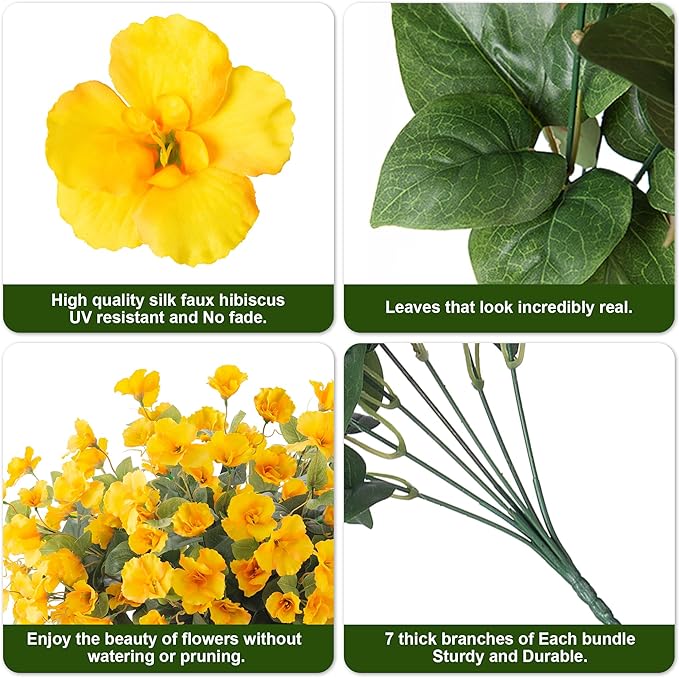 Fake Hibiscus Artificial Flowers for Outdoors Spring Summer Decoration, 6 Bundles Silk Yellow Hibiscus Flowers Bouquet UV Resistant Look Real Faux Plants for Outside Planter Front Door Porch Balcony