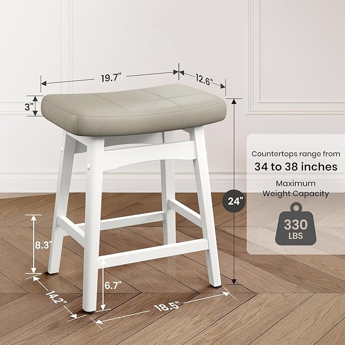 PHI VILLA Bar Stools Set of 2 - Solid Wood Legs Counter Height Barstools with Upholstered Saddle Seat, 24 inch Kitchen Counter Island Stools