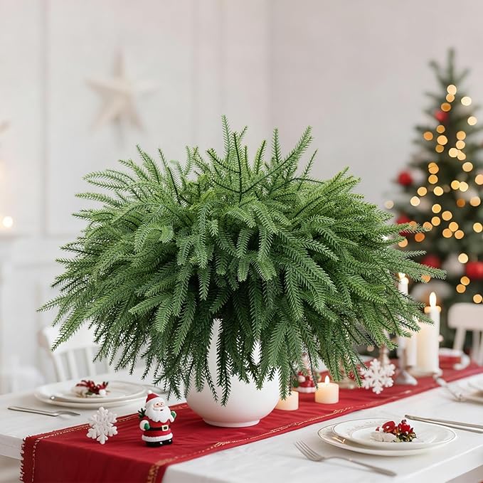 8 Pcs Real Touch Norfolk Pine Branches, 18 Inch Artificial Christmas Green Plants Branches Faux Greenery Stem Fake Cedar Pine Picks for Vase DIY Crafts Garland Wreath Xmas Indoor Outdoor Home Decor
