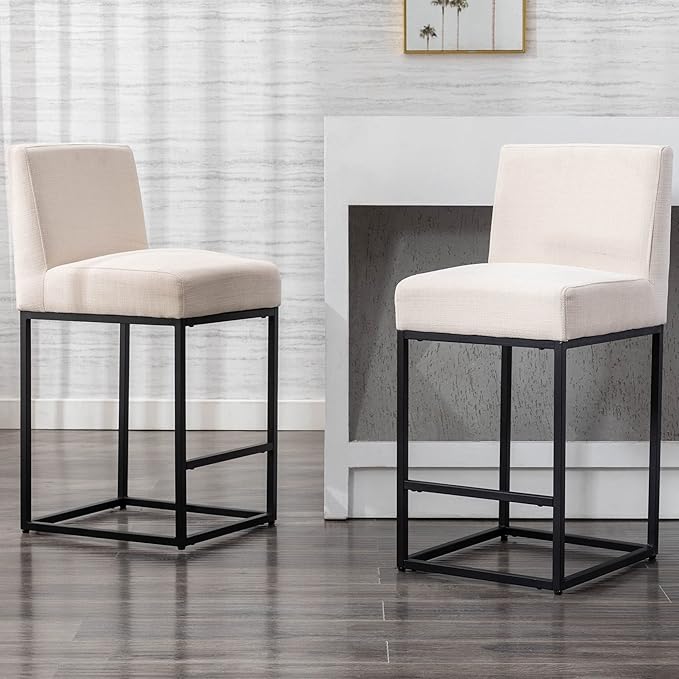 VESCASA Linen 27 inches Counter Height Bar Stools with Padded Back, Modern Upholstered Counter Stool Chairs with Black Metal Frame for Kitchen Island, Set of 6, Cream