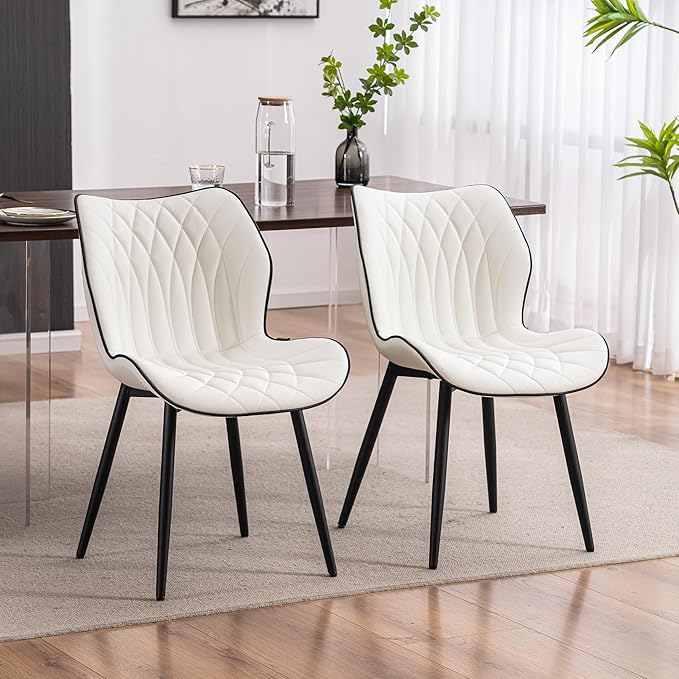 YOUNIKE Dining Chairs Set of 2, Upholstered Faux Leather Dining Room Chairs with Wide Curved Back and Adjustable Metal Legs, White