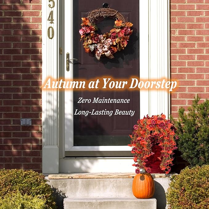 Artificial Fall Flowers for Outdoors, 4 pcs Fall Faux Mums for Outdoor Planters, Fake Mums for Yard Patio Lawn Garden, Artificial Flowers Fall Porch Decor, Morning Glory Silk Flowers