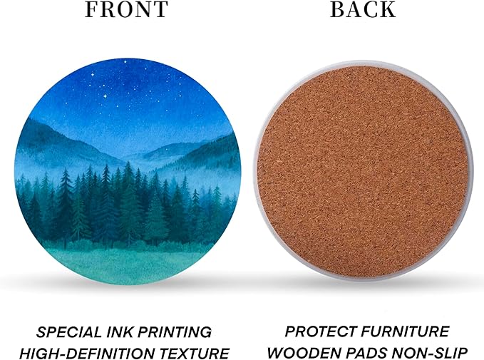 Watercolor Starry Night Forest Coasters Set of 6 with Holder - Ceramic Drink Coasters & Wall Art, Nature-Themed Home Decor for Living Room, Coffee Table - Unique Housewarming