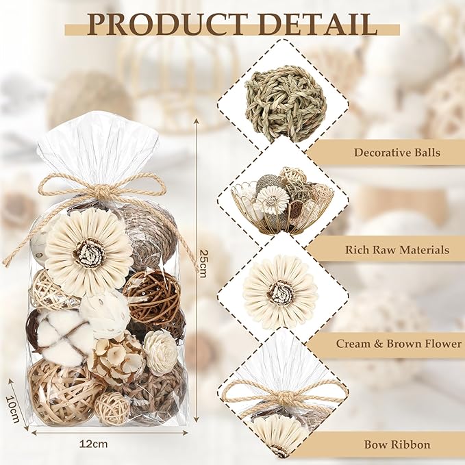 Riceshoot 2 Pack Decorative Balls Potpourri Bowl Filler Decor Natural Vase Bowl Filler Assorted Spherical Rattan Twigs Wicker Balls Cotton for Home Centerpiece(Brown)