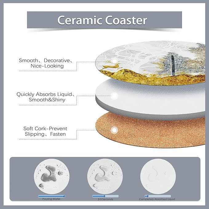 Drink Coasters Set of 6 with Holder,Golden Deer Forest Mountain Absorbent Ceramic Coasters with Cork Base,Fit All Cups,Tabletop Protection Mat for Mugs and Cups,Office,Kitchen