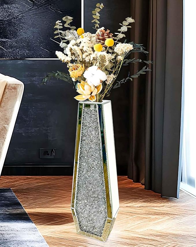 Mirrored Flower Vase Decorative: Crushed Diamond Glass Mirror Vase Large Luxury Bling Crystal Silver Hexagon Shaped Decor for Home Centerpieces, Won't Hold Water