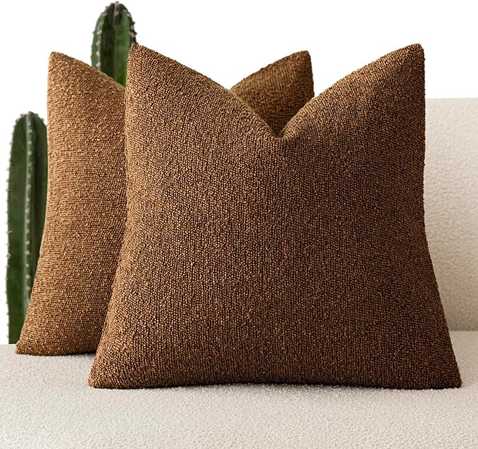 Foindtower Pack of 2, Decorative Textured Boucle Throw Pillow Covers Neutral Accent Solid Pillow Cases Cozy Soft Couch Cushion Case for Chair Sofa Bedroom Living Room Home Decor 22x22 Inch Hazel Brown