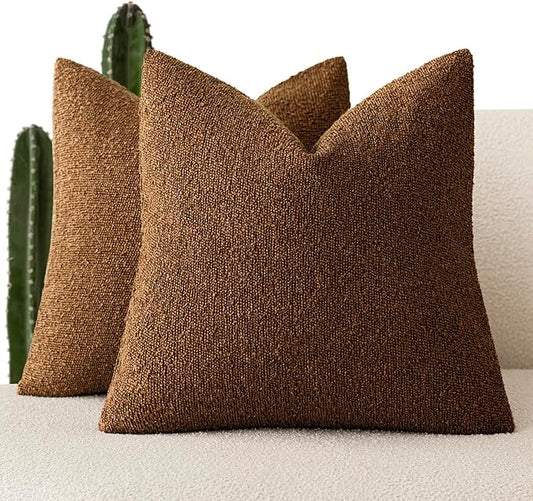 Foindtower Set of 2, Decorative Textured Boucle Throw Pillow Covers Accent Solid Pillow Cases Neutral Soft Cozy Couch Cushion Case for Chair Sofa Bedroom Living Room Home Decor 16x16 Inch Hazel Brown