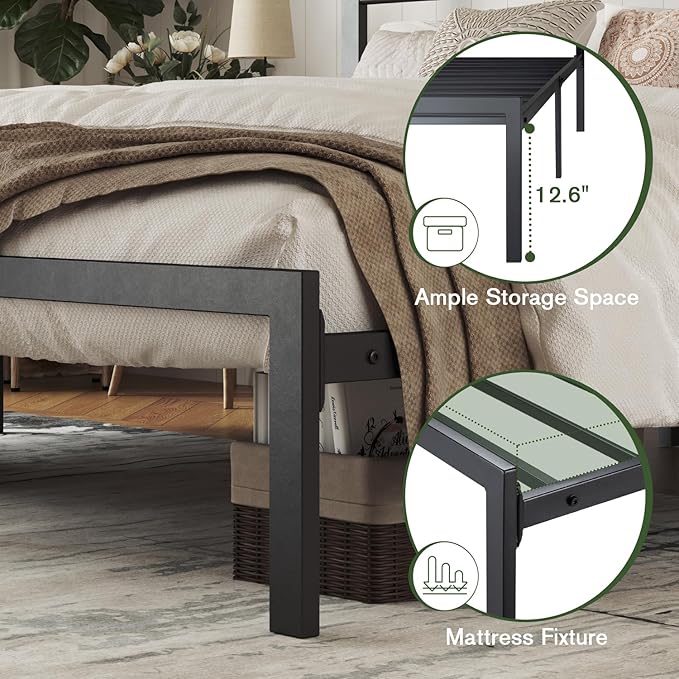 MUTICOR Heavy-Duty King Metal Platform Bed Frame with Shelf Headboard, No Box Spring Needed, Easy Assembly, Black Shelf