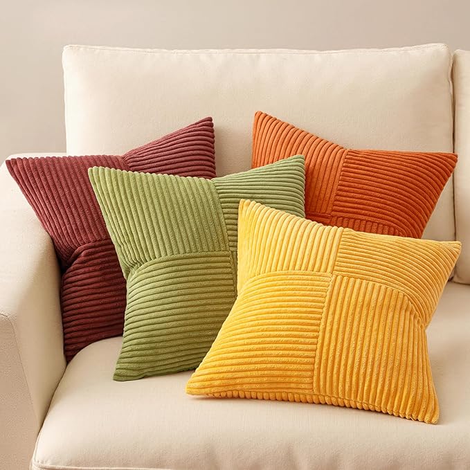 MIULEE Yellow Orange Rust Throw Pillow Covers 18x18 Inch 4 Packs Boho Farmhouse Decorative Color-Clash Pillow Cases Soft Cushion Cases for Couch Sofa Bed Corduroy Striped Fall Home Decor