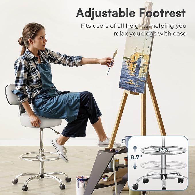 SUPERJARE Drafting Chair with Back, Adjustable Foot Rest Rolling Stool, Multi-Purpose Office Desk Chair, Thick Seat Cushion for Home Bar Kitchen Shop - White