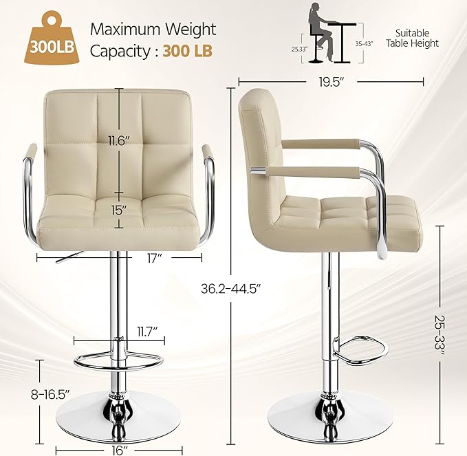 Yaheetech Bar Stools Set of 4, PU Leather Adjustable Swivel Barstools, Hydraulic Kitchen Counter Height Chairs with Armrest and Back for Kitchen, Dining Room, Khaki