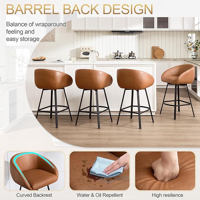 Zesthouse Swivel Counter Height Stools Set of 2, Modern Bar Stools for Kitchen Island, 26" Upholstered Kitchen Counter Height Barstools with Barrel Arms & Backs, Brown Faux Leather Bar Chairs