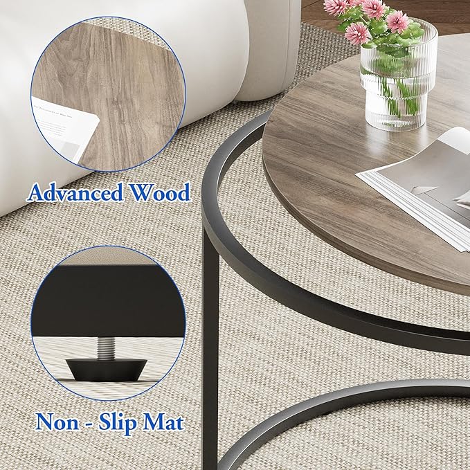 aboxoo Coffee Table Nesting Side Round Table Set of 2 End Table with Sturdy Metal Frame for Living Room Bedroom Apartment Modern Industrial Simple Nightstand,Oak