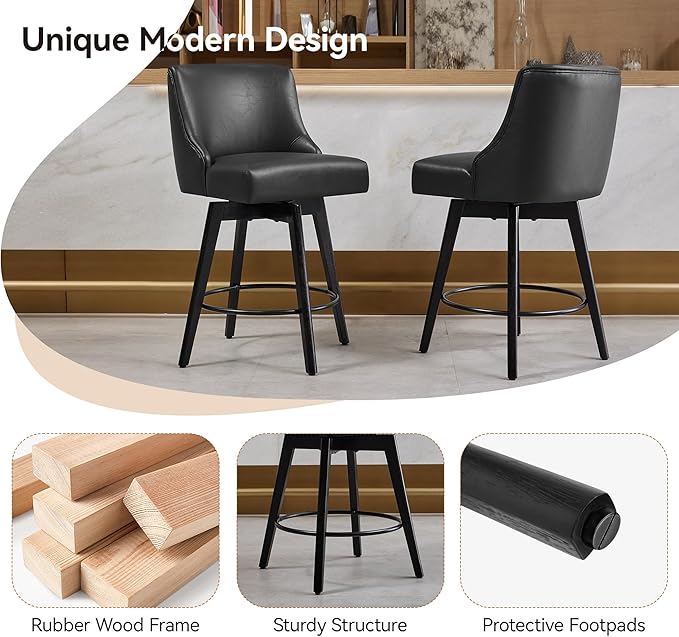Vipbear Counter Height Bar Stools Set of 2, 26" H Swivel Bar Stools with Backs, PU Leather Upholstered Bar Chairs with Solid Wood Legs for Kitchen Island, Dining Room, Home Bar, Black