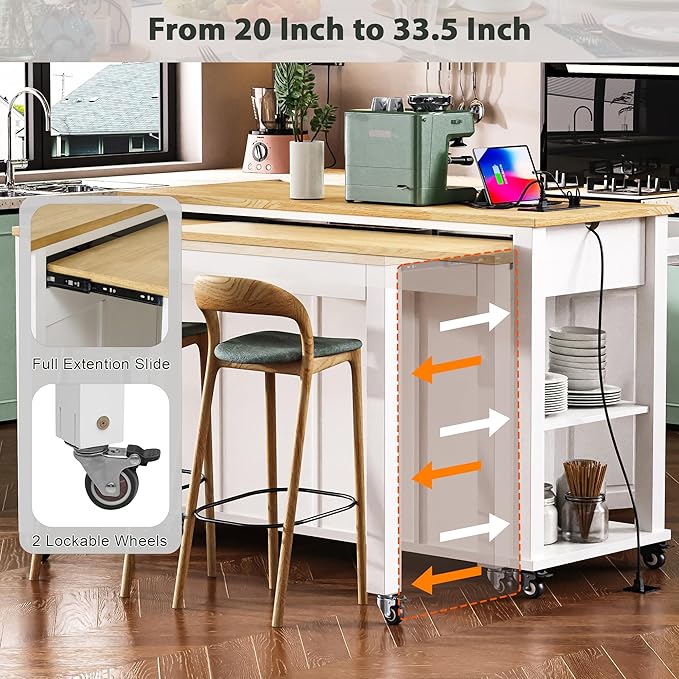 Merax Kitchen Island on Wheels with Extendable Dining Table & Power Outlet, Wood Kitchen Rolling Cart with Internal Storage Rack, 2 Drawers & 2 Cabinets, 47" Wide White