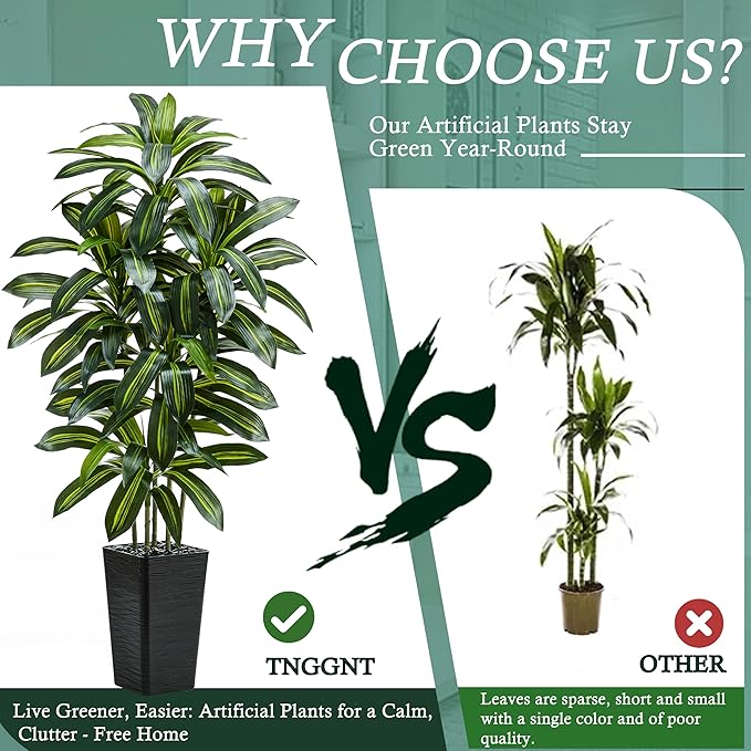 Artificial Dracaena Tree：5FT Faux Silk Tropical Yucca Floor Trees Realistic Fake Green Plant with Natural Wood Trunk & Lifelike Leaves for Home Office Decor Indoor & Outdoor (5FT,1-Pack,Black)