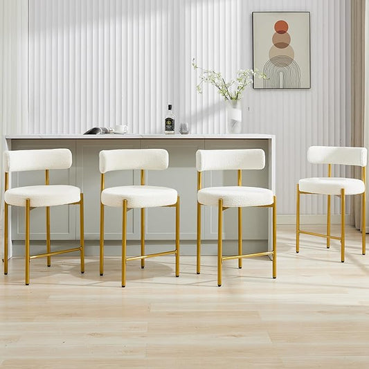 24'' Boucle Bar Stools Set of 4, White Bar Stools with Backs, Counter Height Bar Height Stools for Kitchen Island, Upholstered Bar Chairs with Gold Legs