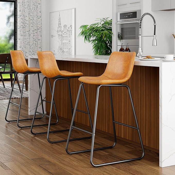 Bar Stools Set of 4, Modern Counter Height Bar Stools with Back, 26 inch Faux Leather Bar Stools with Metal Legs and Footrest, Urban Armless Dining Chairs for Kitchens Island (Brown)