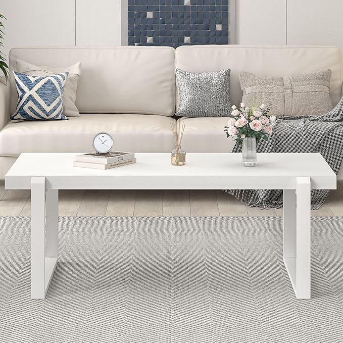 EXCEFUR Small Coffee Table, Modern Minimalist Wood and Metal Center Table for Living Room, Rustic Cocktail Tea Table for Office, White Oak, 44 Inch