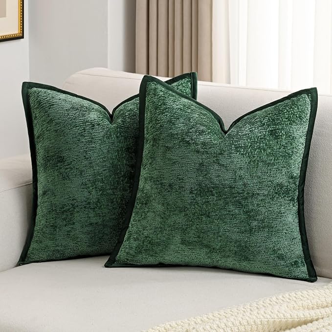 FUTEI Dark Green Chenille Throw Pillow Covers 16x16 Inch Set of 2,Soft Cozy Bound Edge Design Cushion Case,Home Decor for Couch Bed Living Room