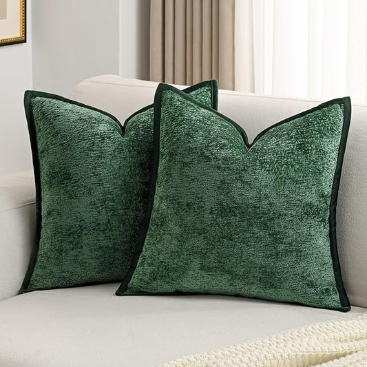 FUTEI Dark Green Chenille Throw Pillow Covers 22x22 Inch Set of 2,Soft Cozy Bound Edge Design Cushion Case,Home Decor for Couch Bed Living Room