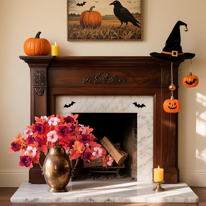 Fake Fall Flowers for Outdoors Decor 2PCS Artificial Flowers Fake Faux Silk Petunias Faux Fall Flower, UV Resistant Autumn Plants for Garden Porch Balcony Realistic Halloween Decoration(Burgundy Pink)