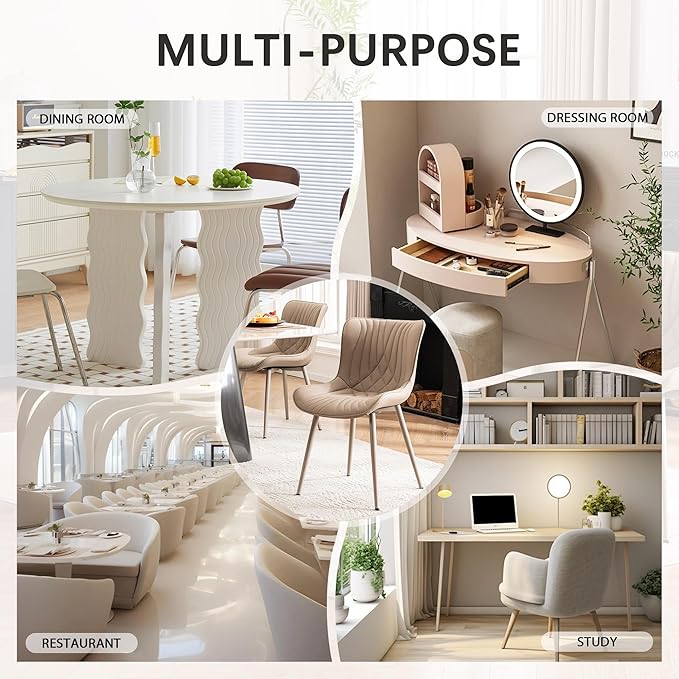 YOUTASTE All Khaki Dining Chairs Set of 2, Mid-Century Modern Armless Kitchen Chairs with Back, Faux Leather Upholstered Accent Chairs with Metal Legs for Living Room, or Bedroom