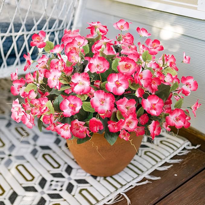Fake Hibiscus Artificial Flowers for Outdoors Spring Summer Decoration, 6 Bundles Silk Pink Hibiscus Flowers Bouquet UV Resistant Look Real Faux Plants for Outside Planter Front Door Porch Balcony