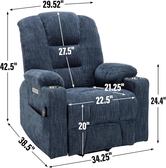 Large Power Lift Recliner Chair for Eldery, Overstuffed Wide Recliners with Massage and Heat, Electric Living Room Chairs with USB Charge Port, 2 Cup Holders, Blue