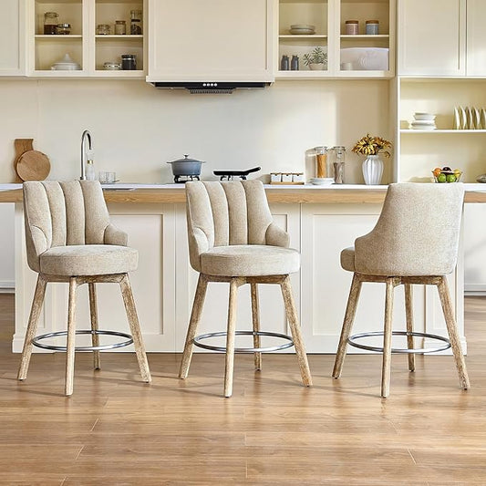 IWOOD Counter Height Bar Stools,Swivel Bar Stools with Backs,Barstools Set of 3,26'' Solid Wood Legs,Thick Seat Upholstered Linen Fabric Counter Height Stools in Sand