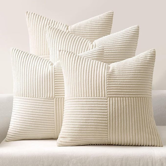 MIULEE Beige Throw Pillow Covers 16x16 Inch Set of 4 Boho Patchwork Cushion Cases Modern Farmhouse Pillow Cases with Invisible Zipper Corduroy Striped Home Decor for Couch Sofa Bedroom