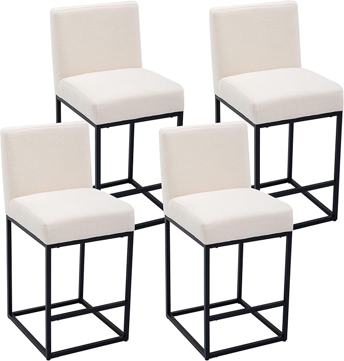 VESCASA Linen 27 inches Counter Height Bar Stools with Padded Back, Modern Upholstered Counter Stool Chairs with Black Metal Frame for Kitchen Island, Set of 4, Cream