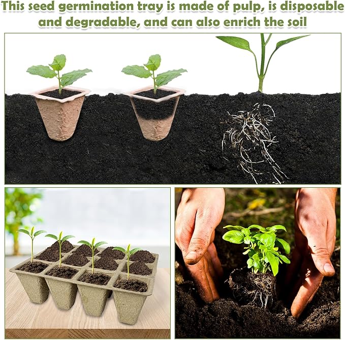 PINVNBY 288 Cells Seed Starter Tray 24 Packs Biodegradable Peat Pots for Seedlings Disposable Seedling Starter Trays with 24 Labels and 2 Transplant Tools for Indoor Outdoor Garden