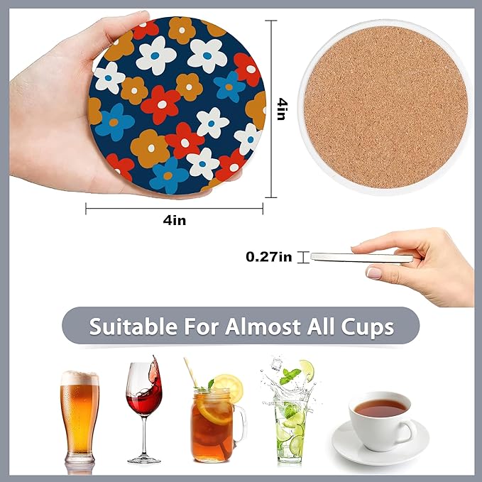 Drink Coasters Set of 6 with Holder,Vintage Flowers,Floral Pink Blue Green Purple Absorbent Ceramic Coasters with Cork Base,Fit All Cups,Tabletop Protection Mat for Mugs and Cups,Office,Kitchen